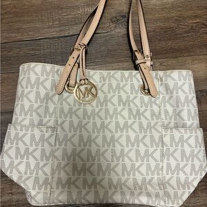Michael Kors Cream and Tan Signature Purse MK Logo Gold Accents